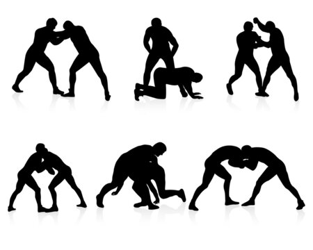 Set of silhouette of an athlete wrestler in the fight. Greco Roman, freestyle, classical wrestling.