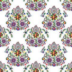 Floral ornament in the style of Mexican Otomi embroidery. Seamless pattern on a white background. - 492440842