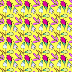 Vector seamless half-drop pattern, with leaves and flowers