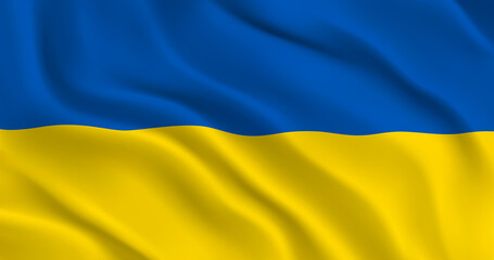 National flag of Ukraine flutters in the wind. Wavy Ukrainian flag. Close-up front view. Blue and yellow flag