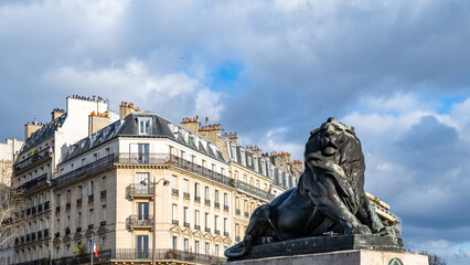 Paris, France, beautiful lion place Denfert-Rochereau in the 14e arrondissement, with typical...