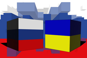 Donetsk. Ukraine Russia. Conflict between Russia and Ukraine war concept. Russia flag background. Ukraine and Russia 3D cubes. Horizontal design. Illustration. Map. Jerson. Stop the fire. 36 hours.