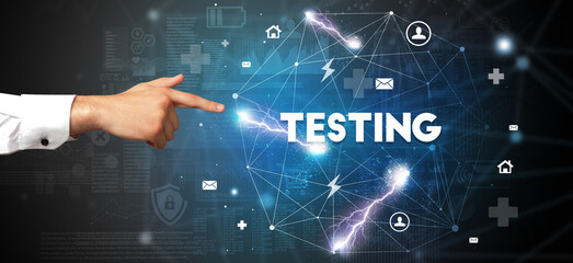 Hand pointing at inscription concept