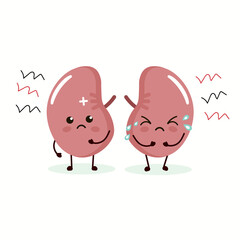 Sad suffering sick kidneys character. flat cartoon illustration icon design. Isolated on white backgound. Unhealthy cry kidneys character concept