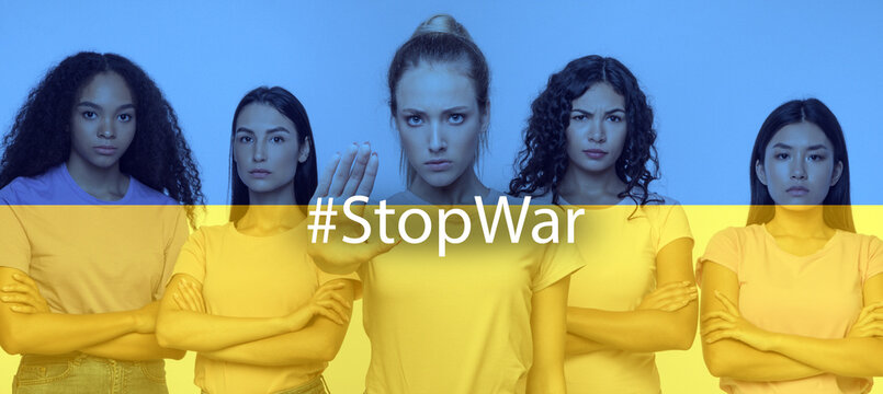 Stop War. Angry Multiethnic Ladies Gesturing Stop Sign - Powered by Adobe