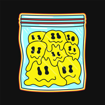 Melt smile face in plastic zip bag. Vector hand drawn doodle line cartoon illustration. Acid,psychedelic trippy face,smile emoji,drugs,lsd print for t-shirt, poster,sticker concept