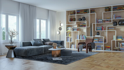 Illustration 3D rendering large luxury modern bright interiors Living room mockup computer digitally generated image