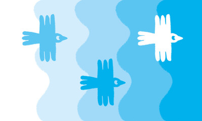 Illustration of white and light blue flying birds on striped wavy light blue background	