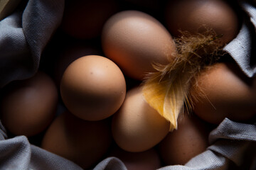 Raw organic brown chicken eggs in basket
