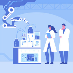 Automated scientific laboratory interior with robotic technology Scientists analyses data of research, robotic arms make test in flasks on modern professional lab equipment Vector science illustration
