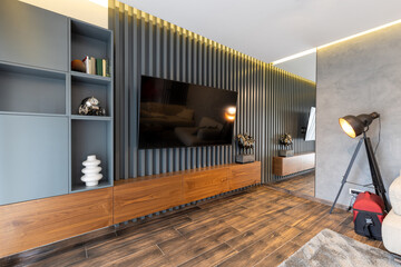 Luxury living room interior with wood slat wall - obrazy, fototapety, plakaty