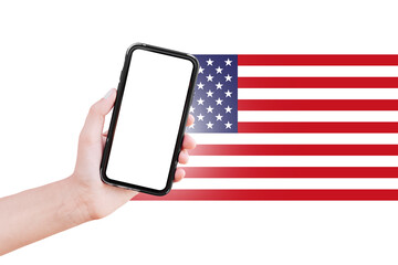 Smartphone with mockup in hand on background of white and American flag.