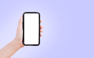 Close-up of hand holding smartphone with mockup. Background of very peri color.