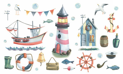 Watercolor illustration on the theme of sea fishing.