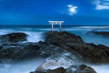 Torii gate at full moon, Oarai Isosaki Shrine, Ibaraki Prefecture, Japan