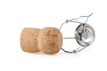 Cork from a bottle of champagne or sparkling wine, close-up photo of a cork isolated on a white...