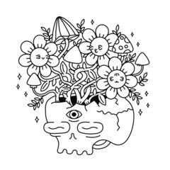 Skull with mahic mushrooms t-shirt print design. Vector line art page for coloring book. Trippy skull,magic mushrooms growing,psychedelic print for t-shirt,poster,sticker,logo concept