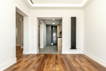 living room with access to a kitchen in wood and gray tones, wooden floors and ceramic stoneware, black wall radiator and led lamps