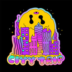Melt smile face and big city landscape t-shirt print. City trip quote. Vector hand drawn cartoon illustration. Melt smile face,city,trip,trippy,lsd,acid print for t-shirt,poster,sticker,logo concept