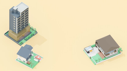 3Dイラストレーションで構成された住宅のイメージ。