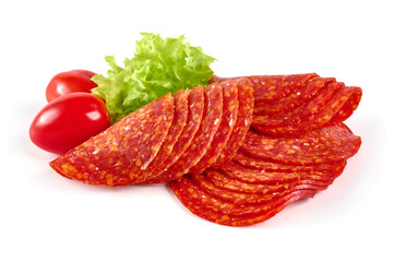 Chorizo sausage, thin cut. Spanish salami, close-up, isolated on white background.