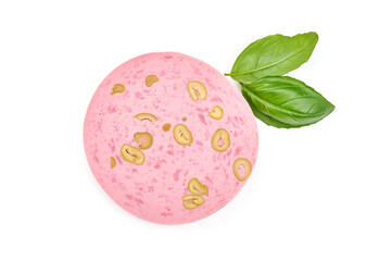 Spanish sausage slices with olives, traditional smoked sausage, close-up, isolated on white background. High resolution image.