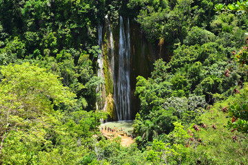 Panoramic view of waterfall Salto el Limon, Cascada el Limon in Dominican Republic - obrazy, fototapety, plakaty