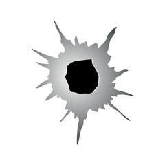 Ragged hole in metal or paper from bullet. Damage or crack on surface in monochrome color. Vector illustration isolated on white background