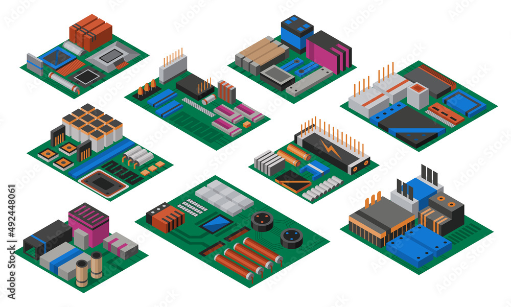 Poster collection of isometric circuit boards with electronic components. computer chips technology process