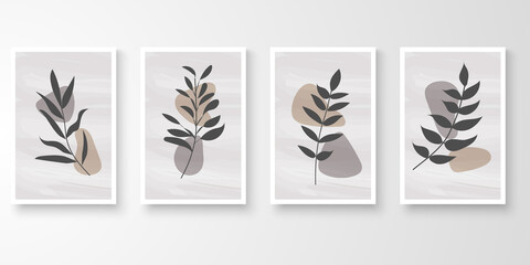 Set of minimal natural wall art in white frames. Foliage line art drawing with abstract shape composition earth tone. Art vector illustration.