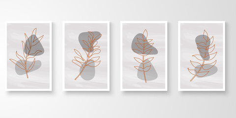 Set of minimal natural wall art in white frames. Foliage line art drawing with abstract shape composition earth tone. Art vector illustration.