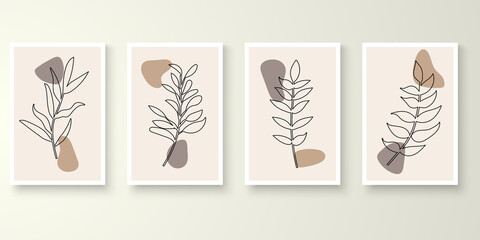 Fototapeta na wymiar Set of minimal natural wall art in white frames. Foliage line art drawing with abstract shape composition earth tone. Art vector illustration.