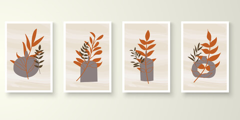 Fototapeta na wymiar Set of minimal natural wall art in white frames. Foliage line art drawing with abstract shape composition earth tone. Art vector illustration.