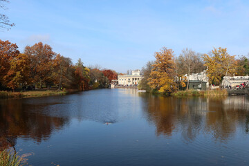 Autumn, fall time in Warsaw's Royal Baths Park. Warsaw, Poland.  Palace on the Water (or Lazienki...