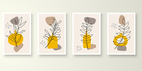 Fototapeta premium Set of minimal natural wall art in white frames. Foliage line art drawing with abstract shape composition earth tone. Art vector illustration.