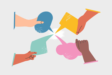 People's hands exchange ideas and holding speech bubble with vote and comment. Team cooperation communicate collaborate. Diversity multicultural group with talk message cartoon vector illustration