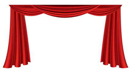 Red curtains realistic. Theater fabric silk decoration for movie cinema or opera hall. Luxury curtains and draperies interior decoration object. Isolated on white for theater stage