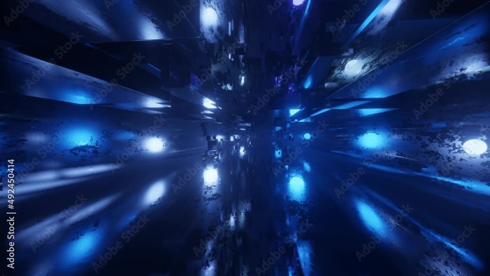 Poster sci-fi constructions, mysterious 3d objects in fog. fly through technology cyberspace with neon glow