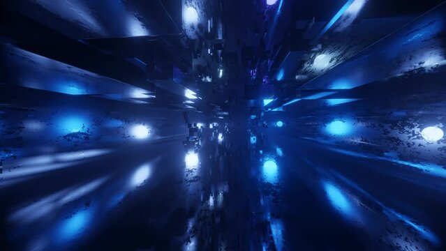 sci-fi constructions, mysterious 3d objects in fog. Fly through technology cyberspace with neon glow. Sci-fi flight through hi-tech technology tunnel. Hologram and neon light. 3d looped seamless 4k bg