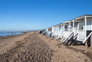 Fototapeta premium Beach huts at Thorpe Bay, Essex, England, United Kingdom
