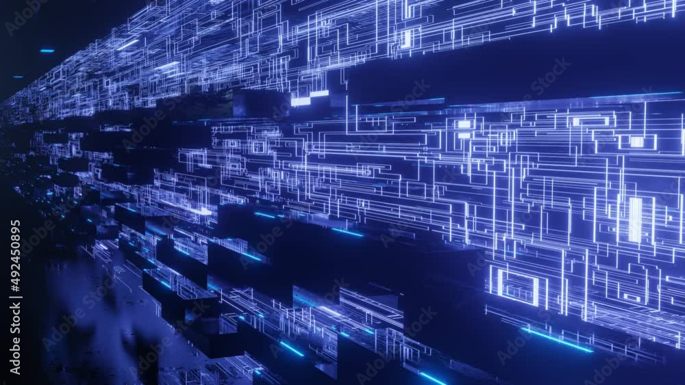 Poster glow line form pattern like sci-fi hologram. fly through technology cyberspace with blue neon glow. 