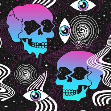 Deformed flex distorted grid in space,stars,melt psychedelic skull seamless pattern.Vector graphic illustration.Psychedelic grid,distortion,techno,acid trippy skull seamless pattern print