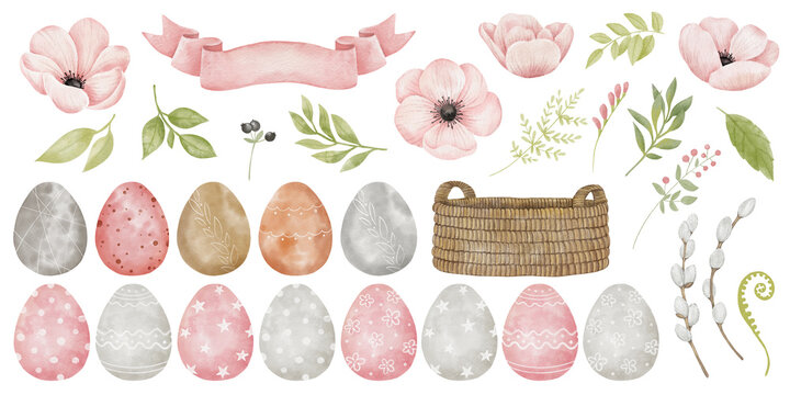 Watercolor Happy Easter Set Of Colorful Eggs, Flower, Greenery, Basket. Spring Catholic Holiday Decor Clipart.