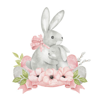 Watercolor Happy Easter illustration of cute bunny mom and baby, anemone flower, colorful eggs. Spring catholic holiday.