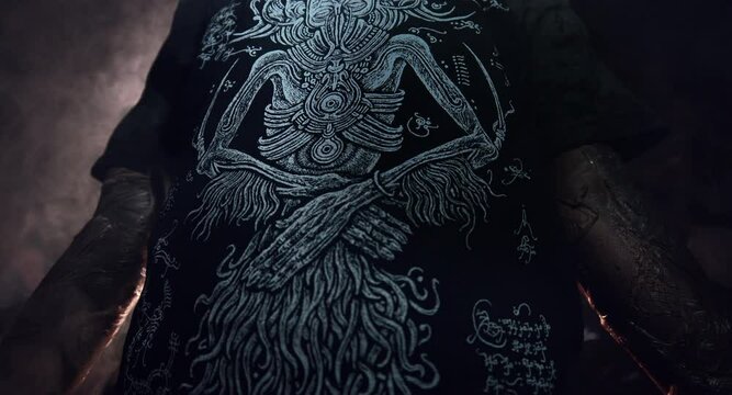 scary sorcerer in smoke. voodoo rite