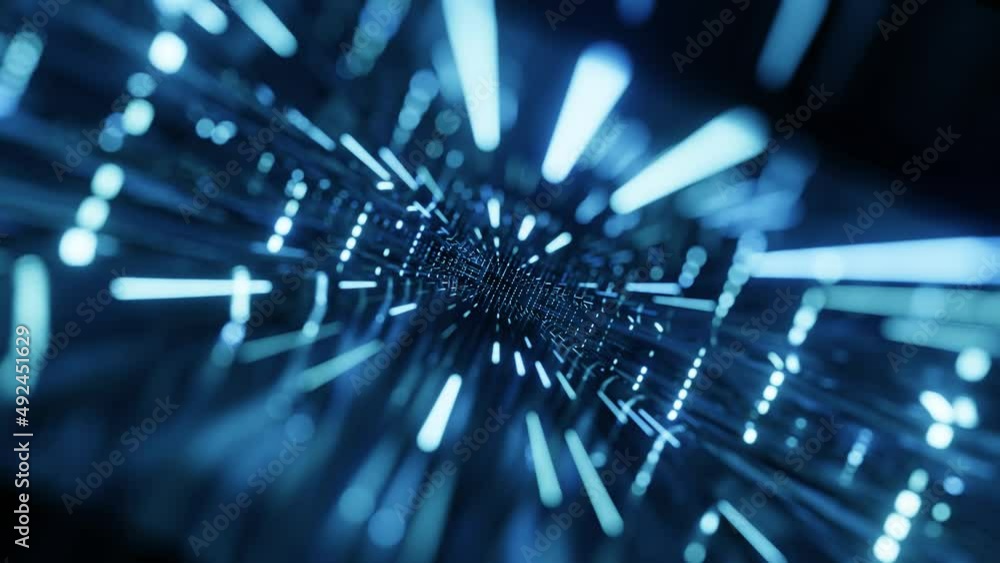 Poster fly through mirror designs form tunnel technology cyberspace with neon glow. sci-fi flight through d