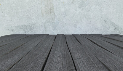 Wooden table with concrete background, empty desk, perspective view, black wood