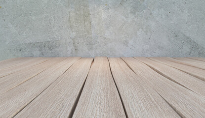 Wooden table with concrete background, empty desk, perspective view, white wood