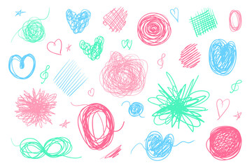 Hand drawn lines on isolated white background. Chaotic textures with hatching. Wavy tangled backdrops. Colorful illustration. Elements for posters and flyers