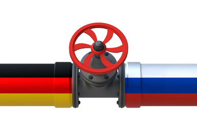 Pipelines in colors of Germany and Russia with valve - obrazy, fototapety, plakaty